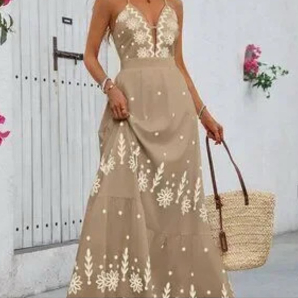 Women’s Taupe Floral Embroidered Maxi Dress